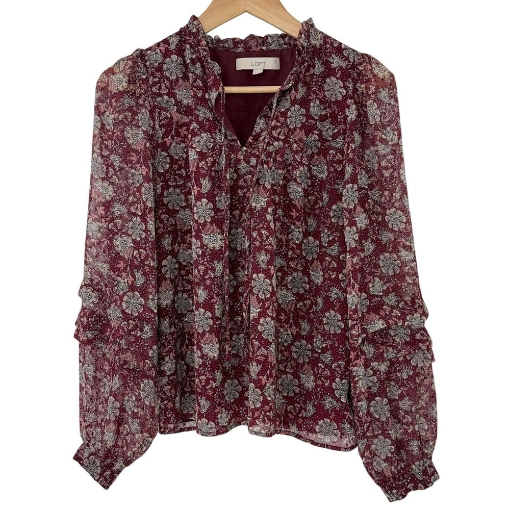 LOFT‎ Floral Print Long Sleeve Ruffle Neck Blouse Women's Size S Office